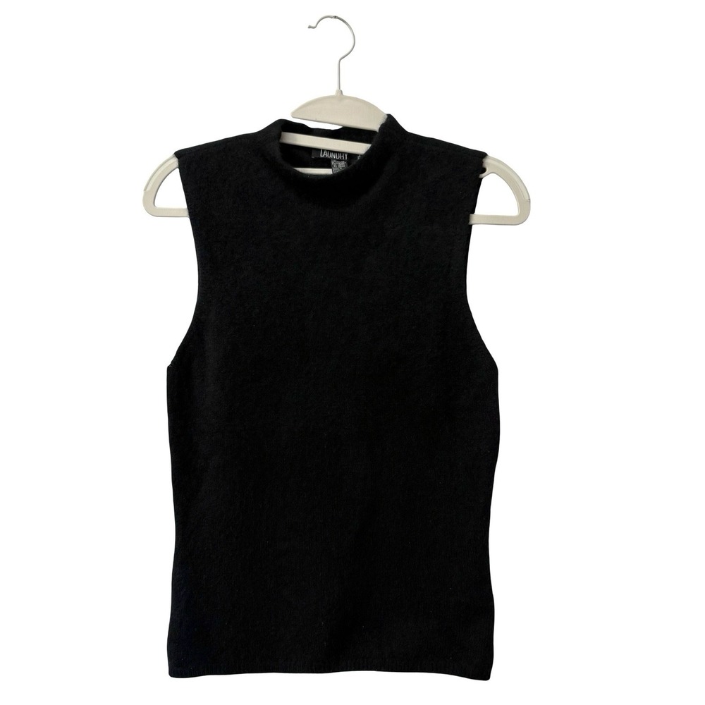VTG LAUNDRY Shelli Segal Black Cashmere Cap Sleeve Top Mock Neck Sz M Old Money